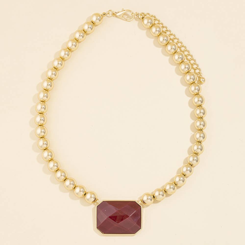 Bead Chain Necklace With Burgundy Faceted Stone Pendant