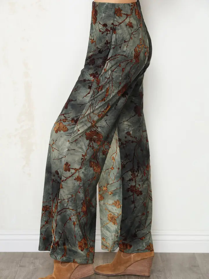 Olive Flocked Ity Wide Leg Palazzo Pant