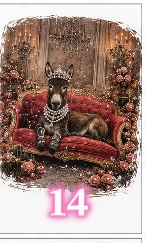 Bling tee design #14 — donkey in a pearl crown on a red velvet sofa with roses and chandeliers