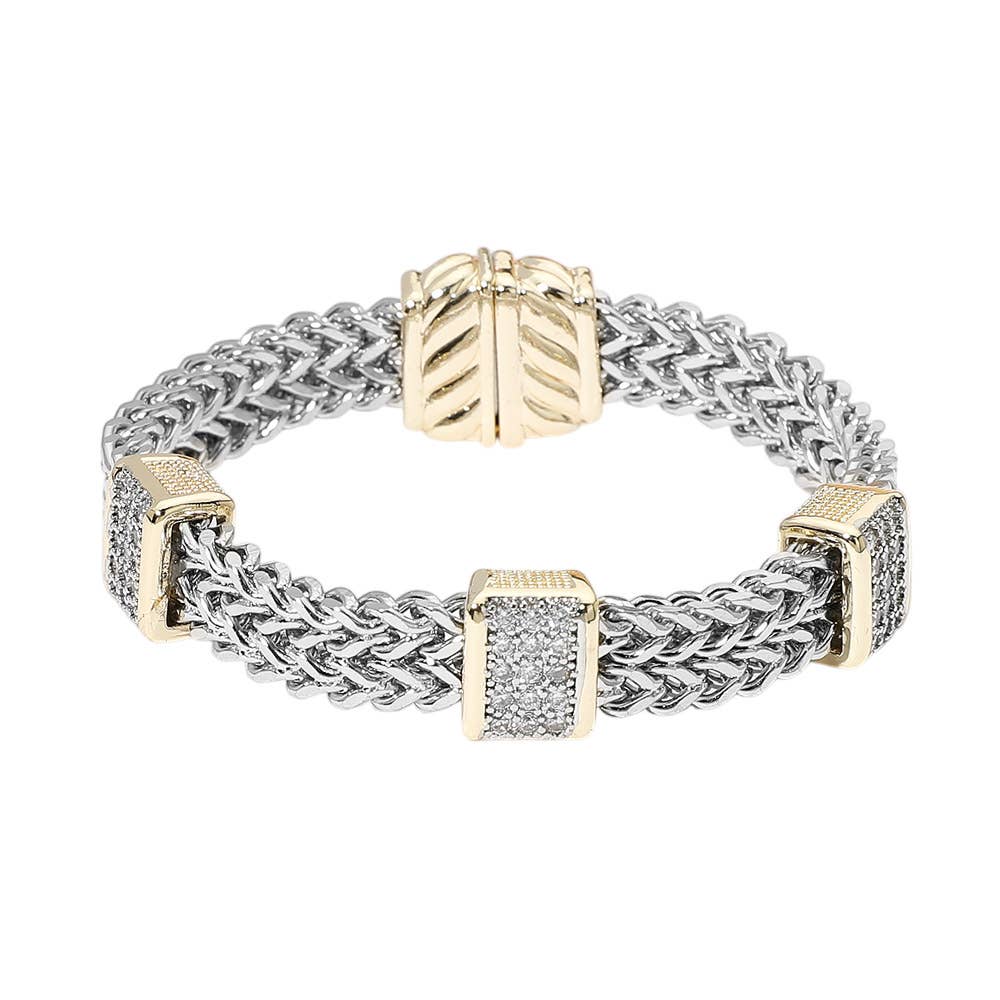 14K Gold Plated Two Tone CZ Pave Bar Accent Woven Band Magnetic Bracelet