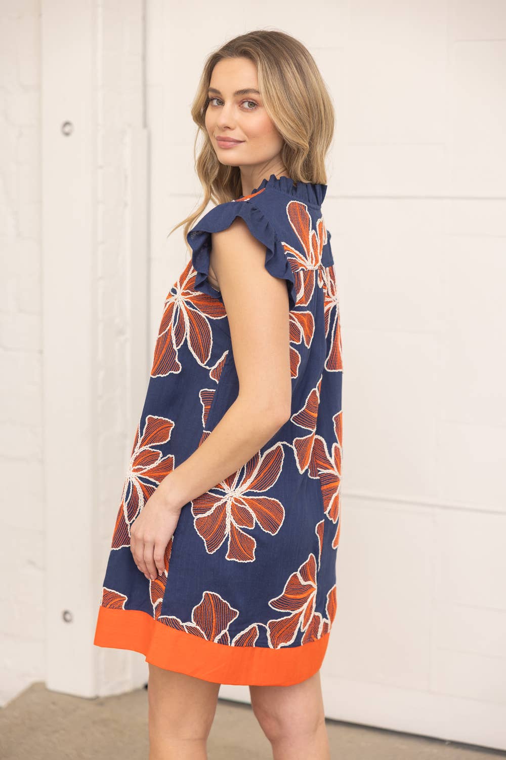 Ruffled V Neck Floral Embroidered Shift Dress