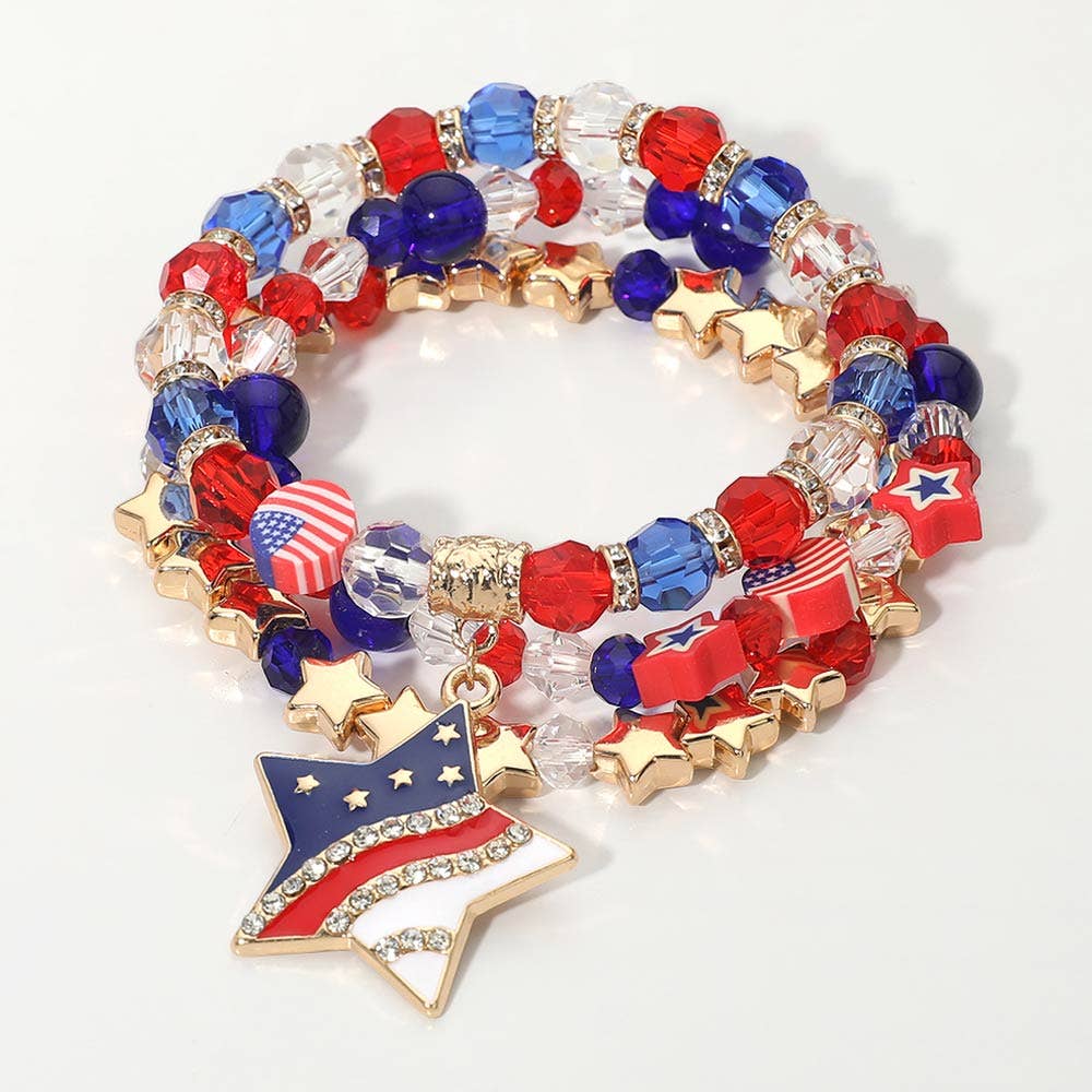 American USA Star Charm Faceted Beaded Stretch Multi Layered Bracelets