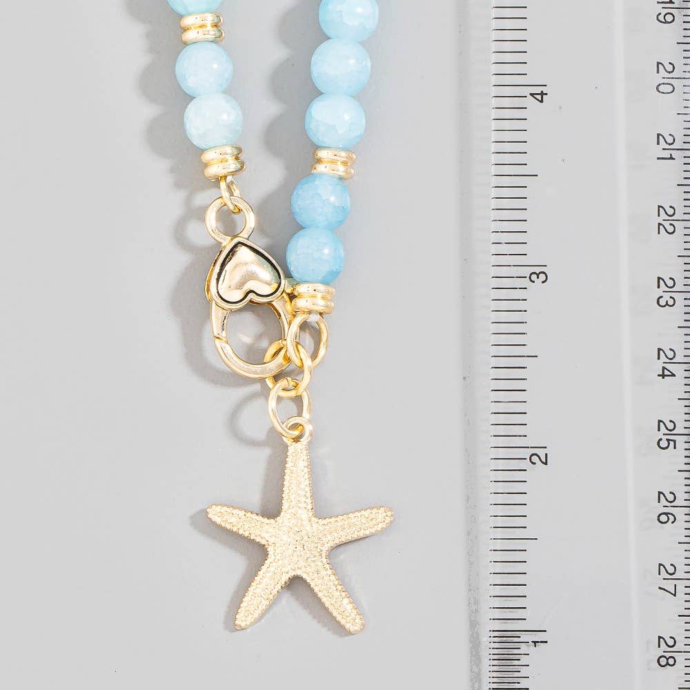 Blue Starfish Charm And Heart Clasp Glass Beaded Necklace