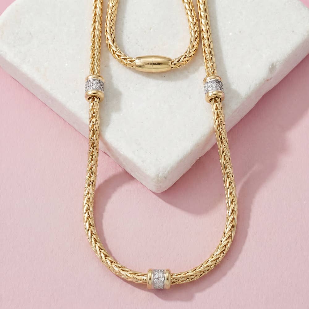 Triple Station Cz Wheat Chain Necklace