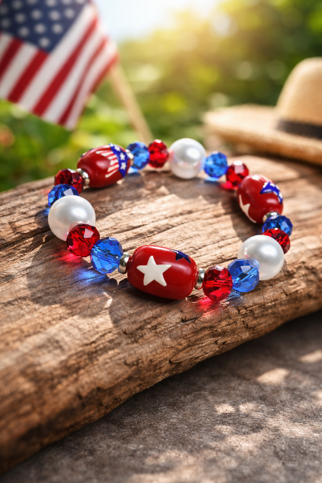 July 4th Star Red White Blue Beaded Stretch Bracelet