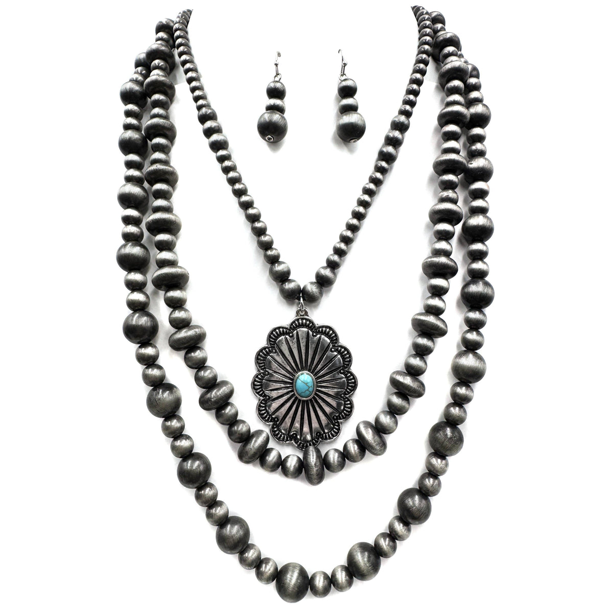 Western Concho Southwestern Bead Layer Necklace Earrings Set
