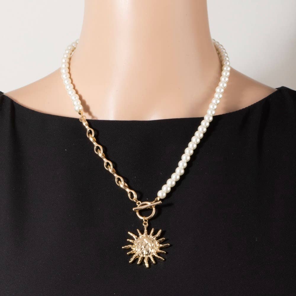 Sun Pendant Pearl And Chain Toggle Necklace
