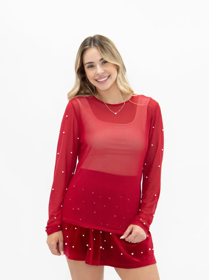 Mesh Long Sleeve Top with Pearls Detail
