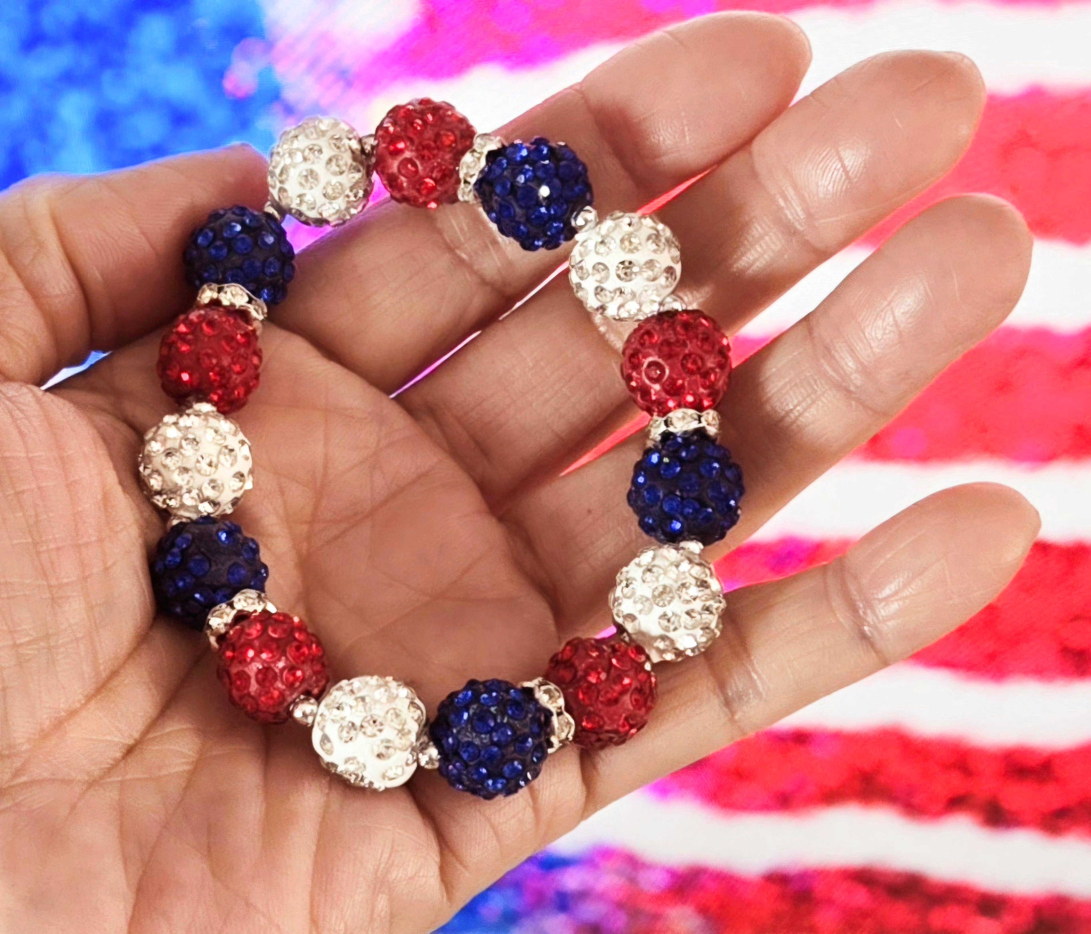 4th of July Red White Blue SPARKLE Beaded Stretch Bracelet