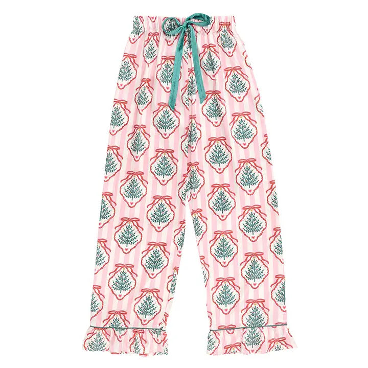 Ruffled Pj Set with Velvet Ties - Pink Stripes + Doily Trees