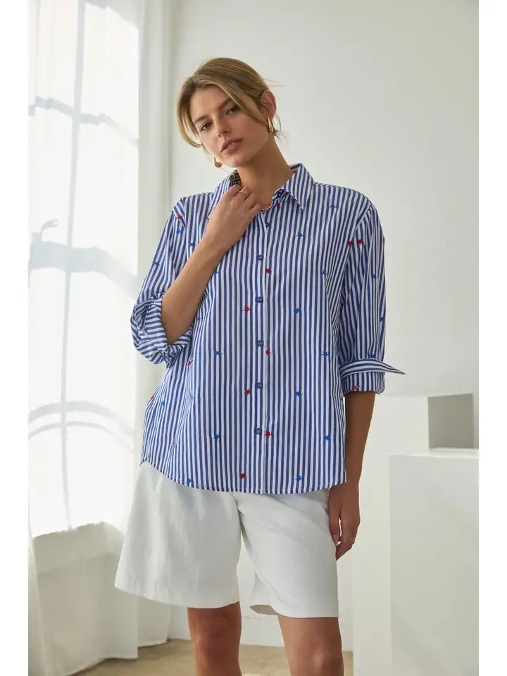 Star Embroidered Striped Button-Down Blouse