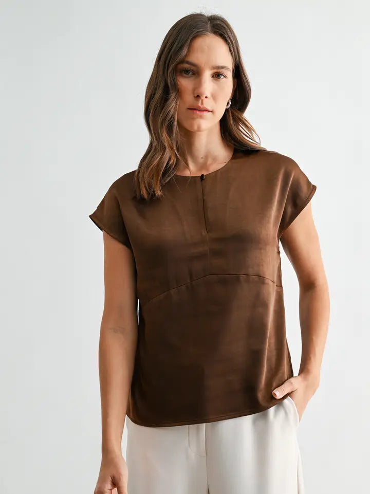 Satin Keyhole Front Wide Shoulder Top