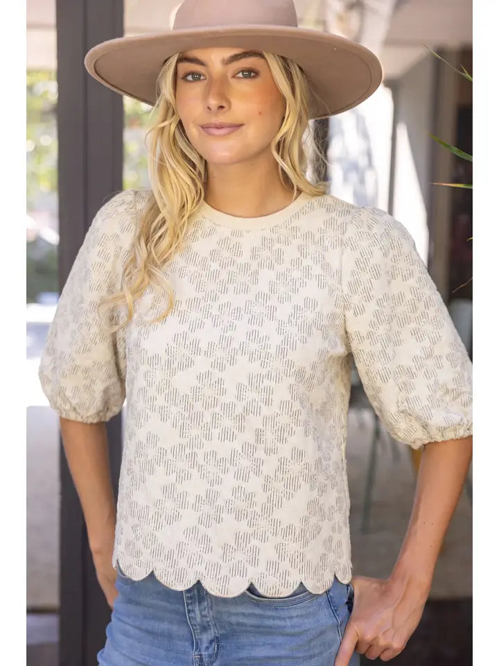 Ivory Scalloped Hem Twill Tape Tie Floral Textured Top