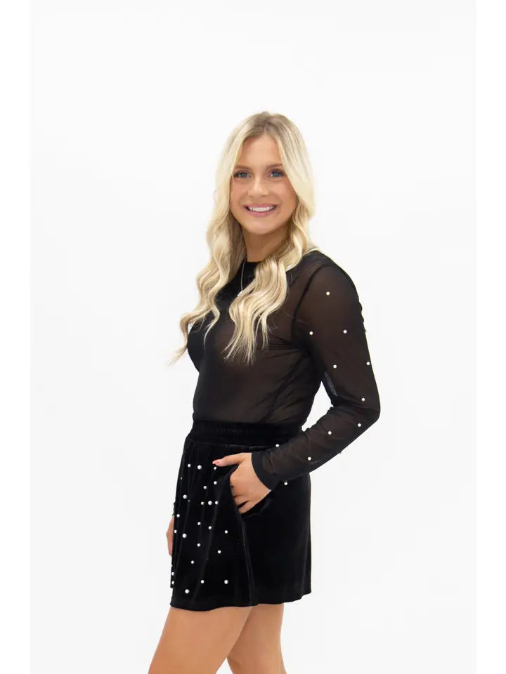Mesh Long Sleeve Top with Pearls Detail