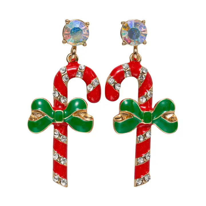 Enamel candy cane with bow earring and AB crystal post