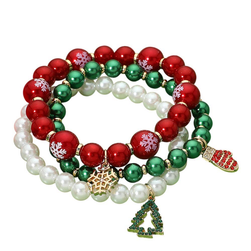 3PCS - Christmas Charm Pearl Snowflake Ball Beaded Stretch Multi Layered Bracelets