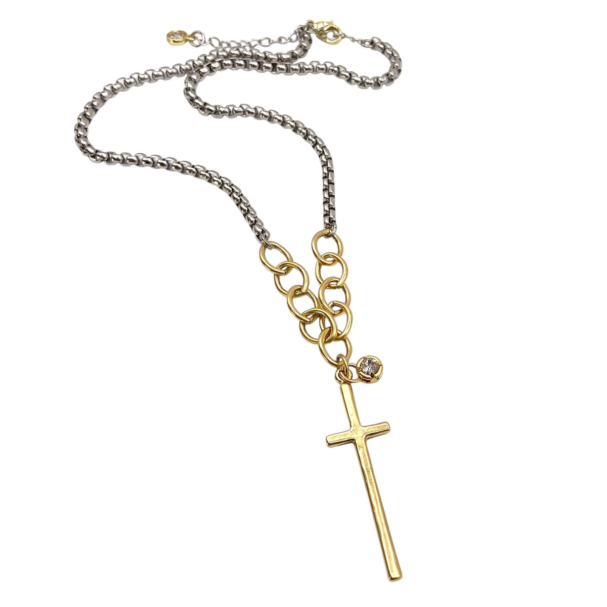 Mixed Metal Crystal Cross Necklace