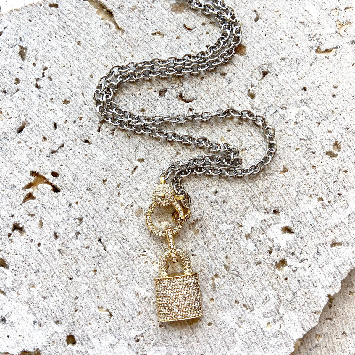 Two Tone Pave Lock Necklace