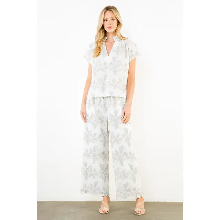 Cream Embroidery Floral Pants Set