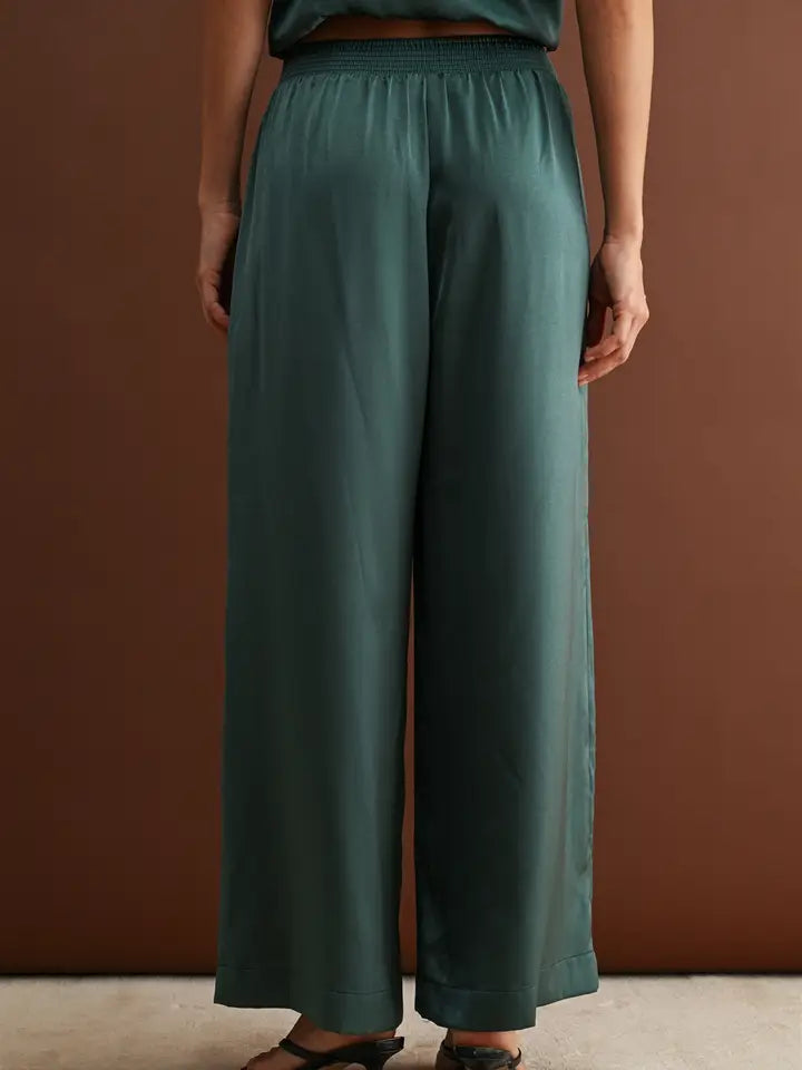 Hunter Green Satin Button Front Top Pleated Pants Set