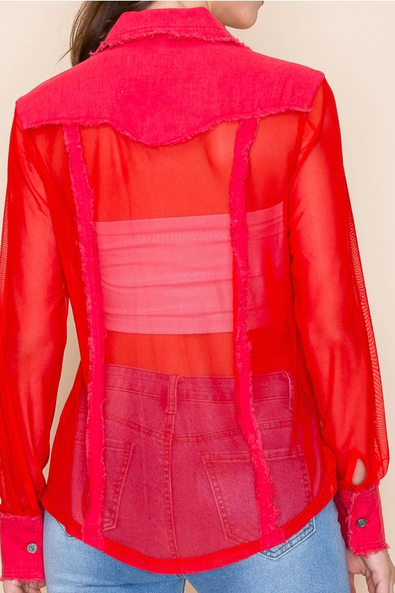 Linen Mesh Button Front Top