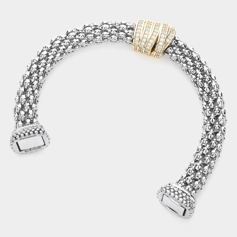 14K Gold Plated CZ Paved Charm Mesh Metal Magnetic Bracelet