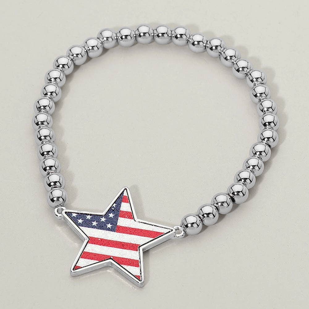 Enamel American USA Flag Star Charm Beaded Stretch Bracelet