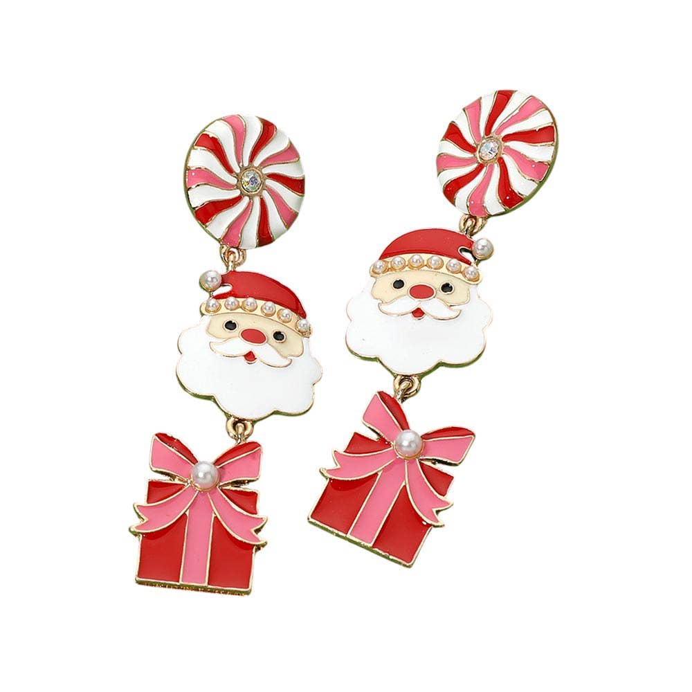 Enamel Christmas Candy Cane Santa Gift Charm Link Drop Earrings