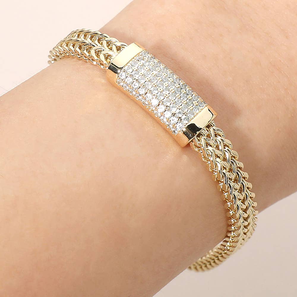 CZ Pave Bar Accent Textured Mesh Chain Magnetic Bracelet