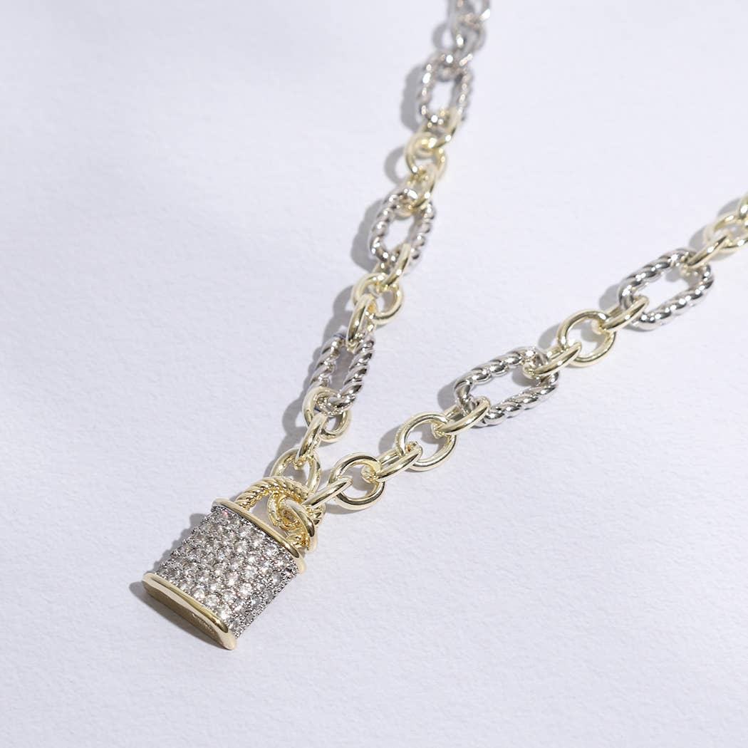 Linked Solid and Twisted Chain CZ Lock Necklace