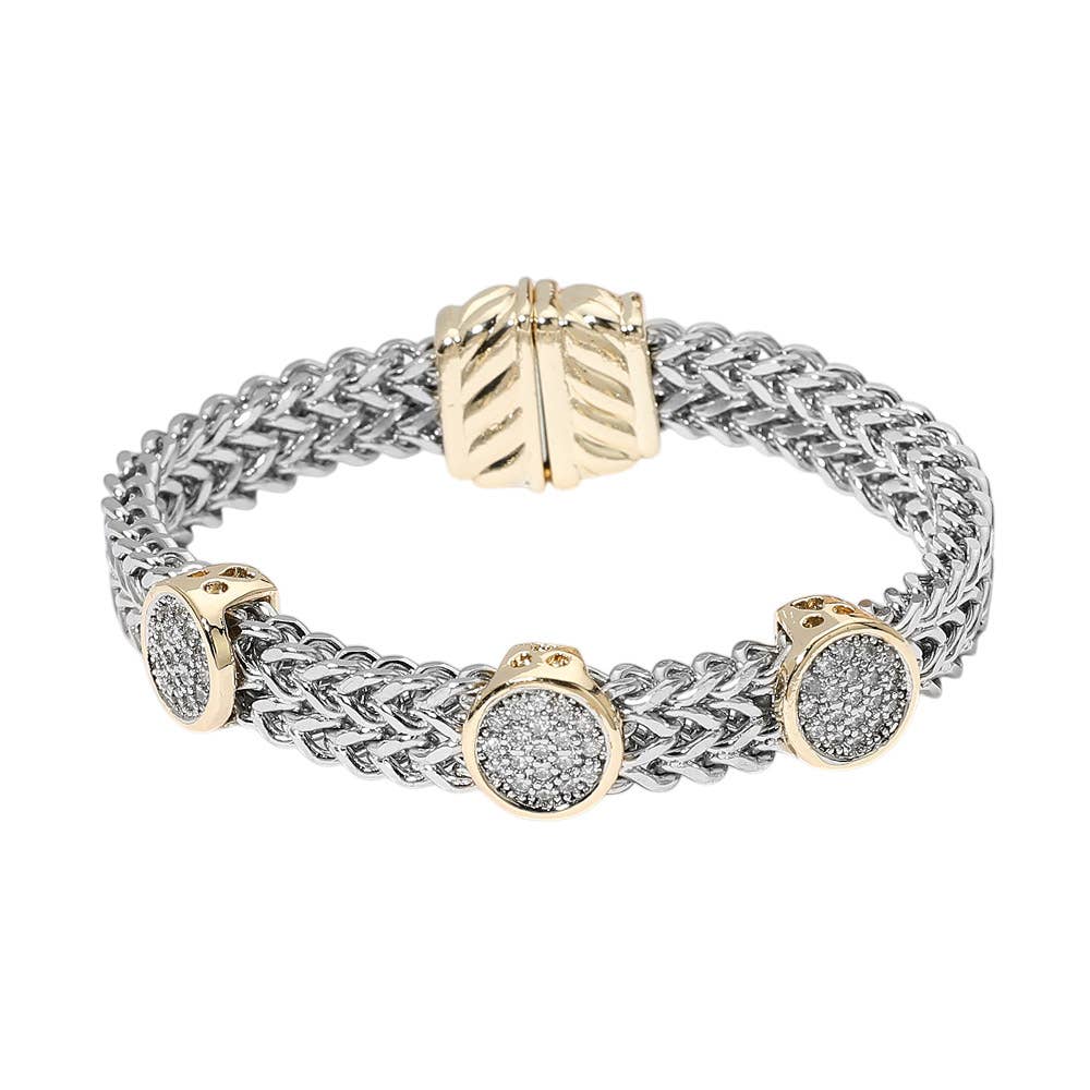 14K Gold Plated Two Tone CZ Pave Oval Accent Woven Band Magnetic Bracelet