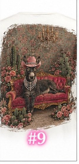 Bling tee design #9 — donkey in a pink cowboy hat and pearls on a red velvet couch with cactus