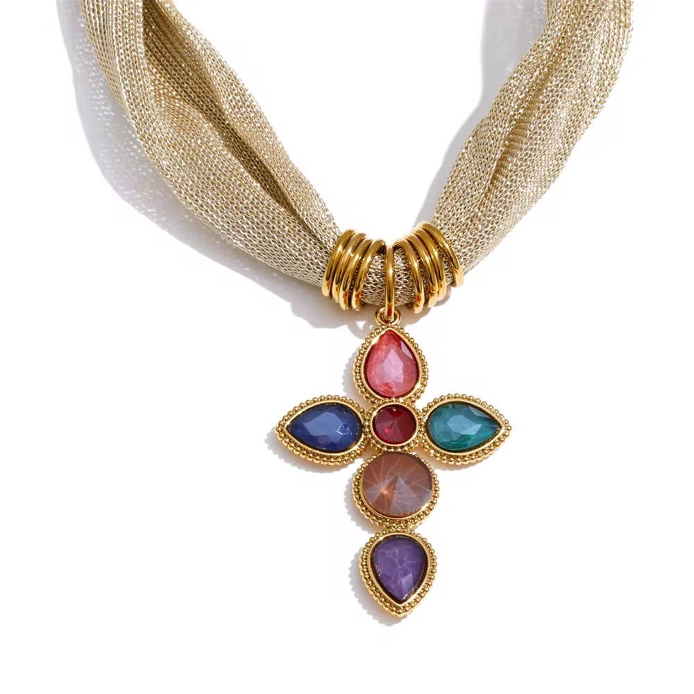 Gold Mesh Scarf with Colorful Cross