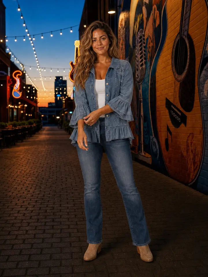 Tencel Rhinestone Ruffle Hem Denim Color Shirt Jacket