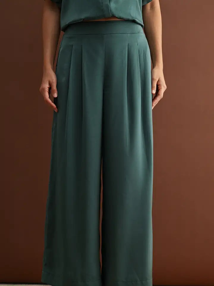 Hunter Green Satin Button Front Top Pleated Pants Set