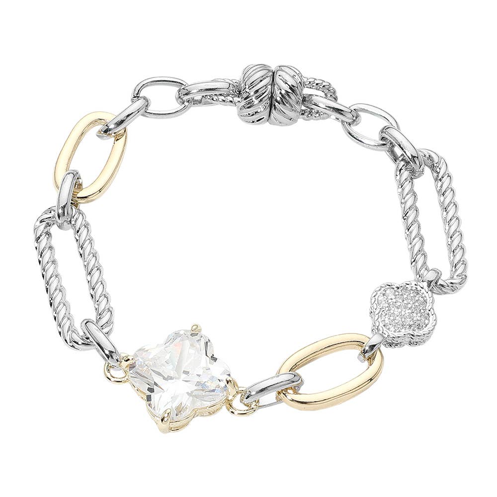 14K Gold Plated Two Tone CZ Quatrefoil Charm Accent Textured Link Bracelet