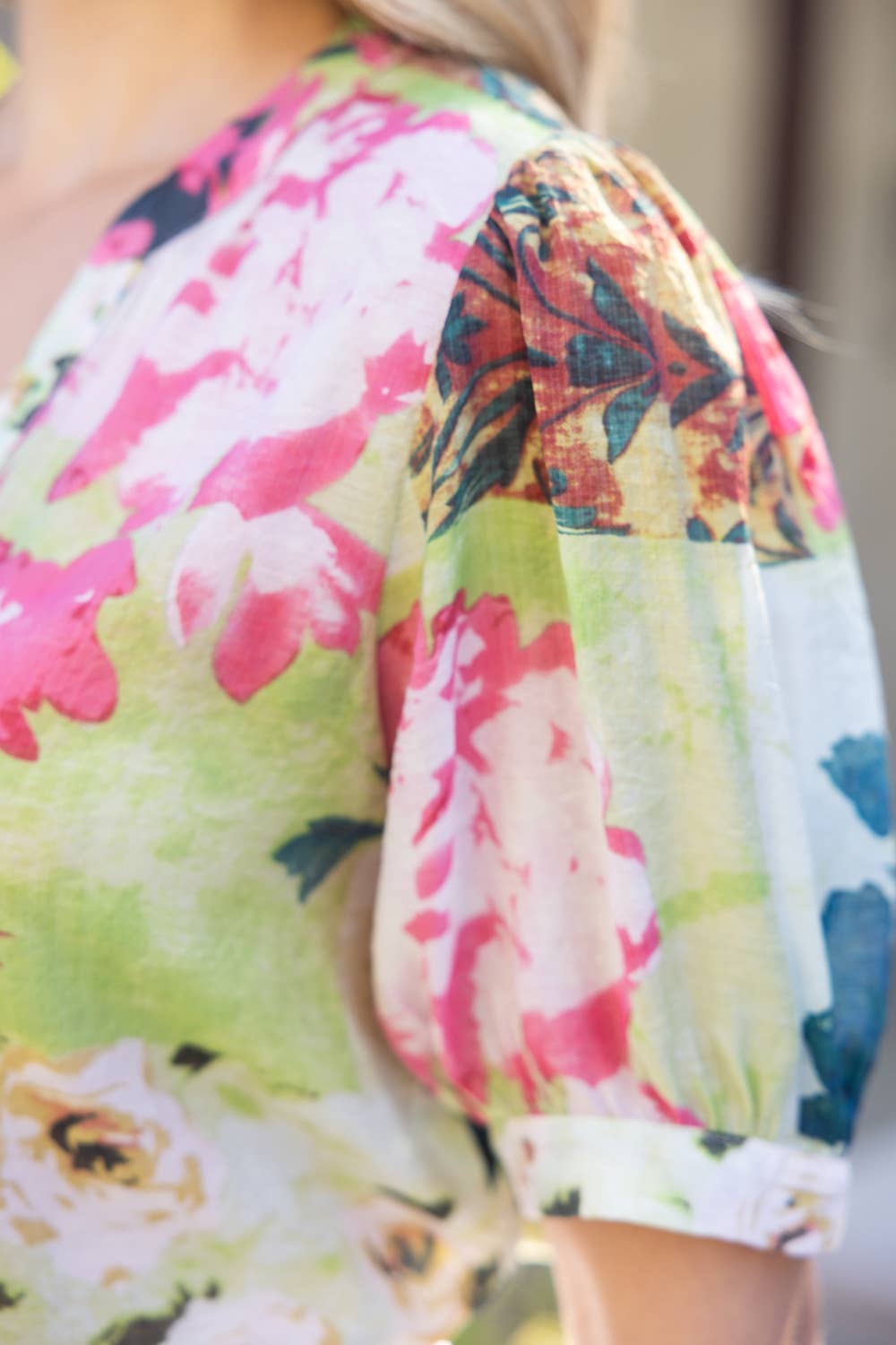 Green Floral Button Down Short Puff Sleeve Top