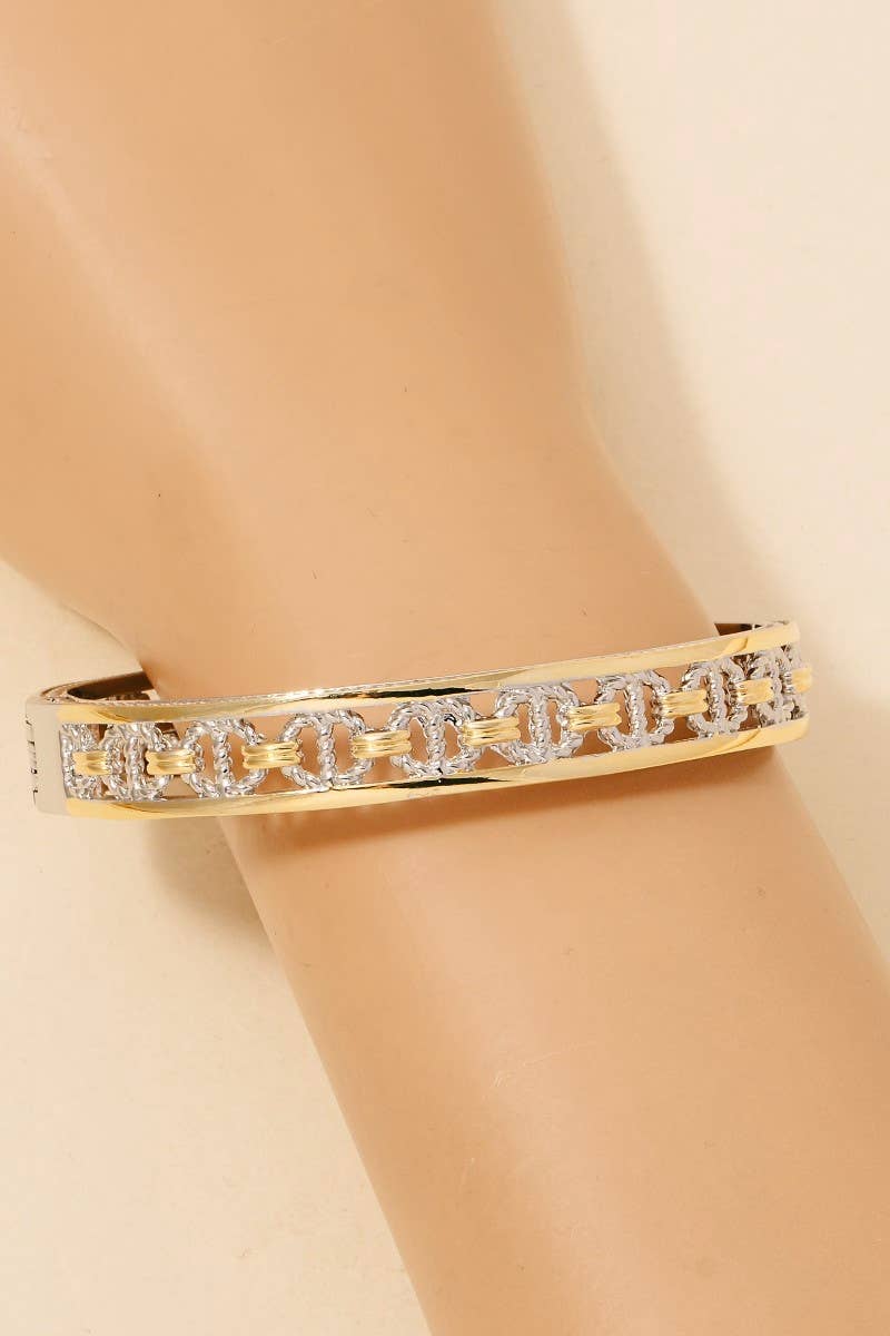 Gold Plated 2 Tone Clover Hinge Bangle Bracelet