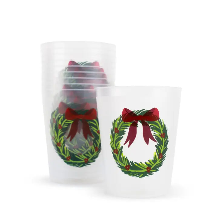Clara Wreath Party Cups Frosted/Red/Green 16oz Set of 10