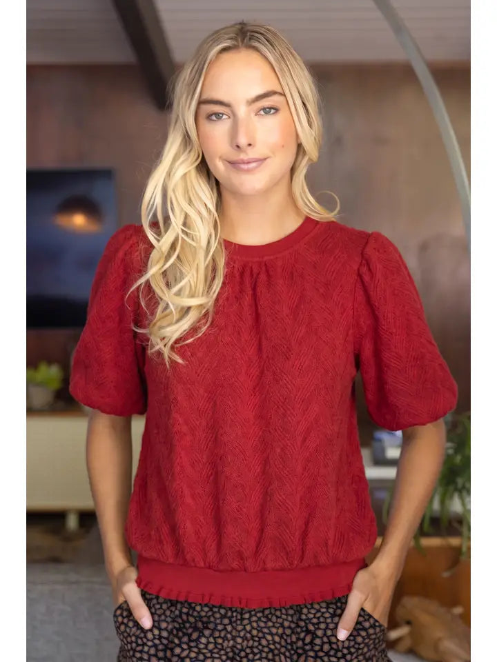 Red Braid Sweater Knit Short Bubble Sleeve Top