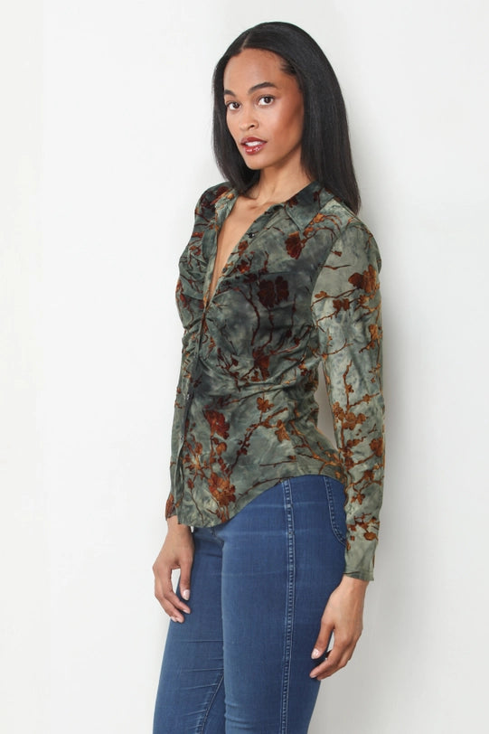 Olive Flocked Ity Button Front Ruched Shirt