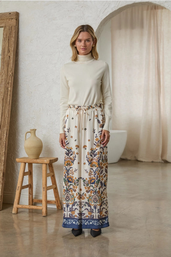 Floral Navy Border Print Satin Pants