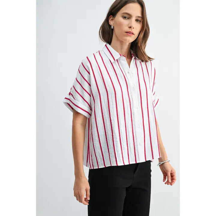 Red Stripe Button Down Short Sleeve Top
