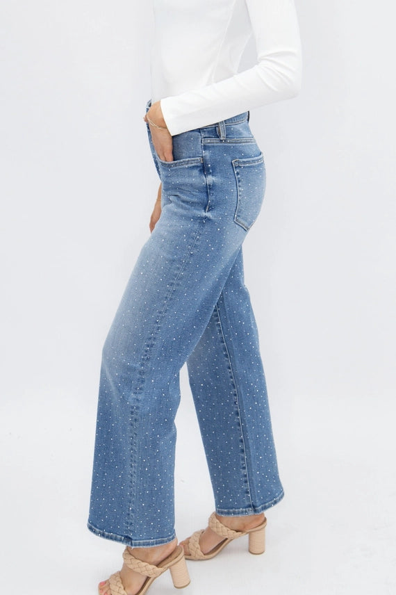 Straight-Leg Light Wash Crystal Jeans