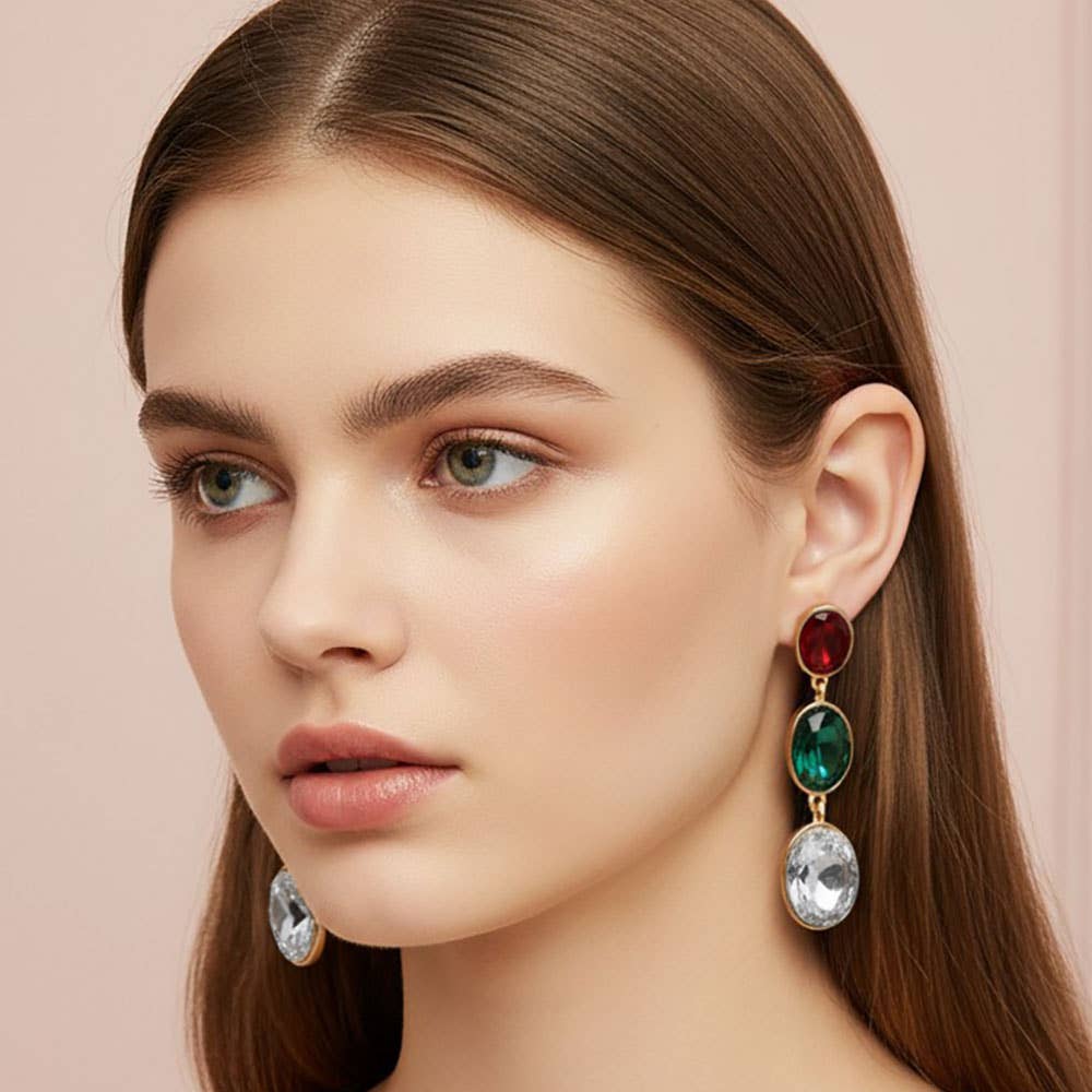 Triple Oval Stone Link Drop Earrings