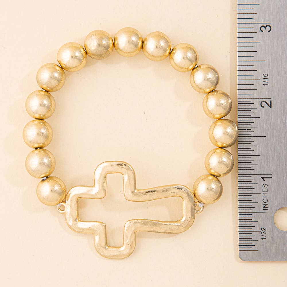 Hammered Open Cross Ball Bead Stretch Bracelet