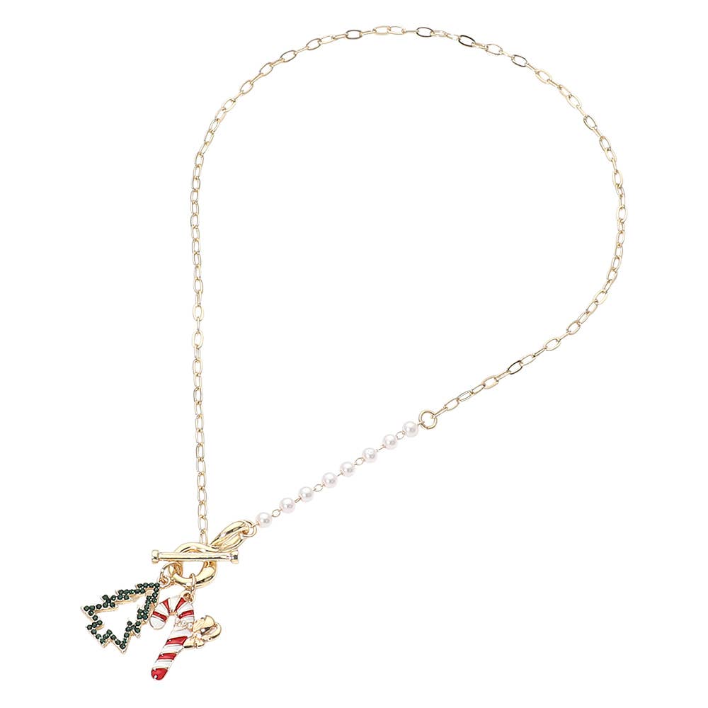 Secret Box Genuine Gold Dipped Christmas Tree Candy Cane Charm Pearl Paperclip Chain Toggle Necklace