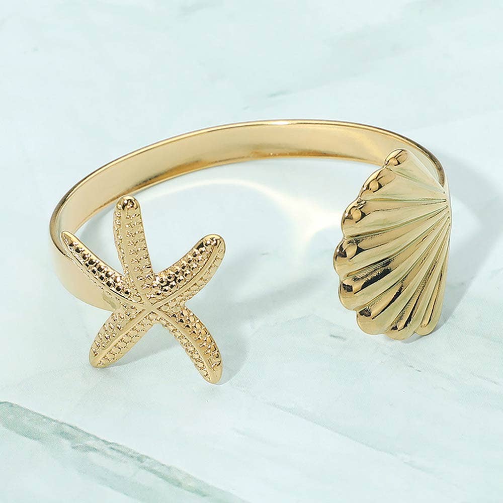Stainless Steel Starfish Seashell Tip Open Cuff Bracelet
