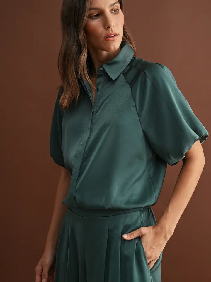 Hunter Green Satin Button Front Top Pleated Pants Set