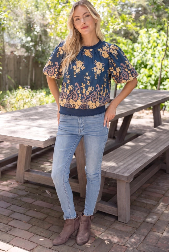 Floral Embroidered Boarder Print Rib Band Top